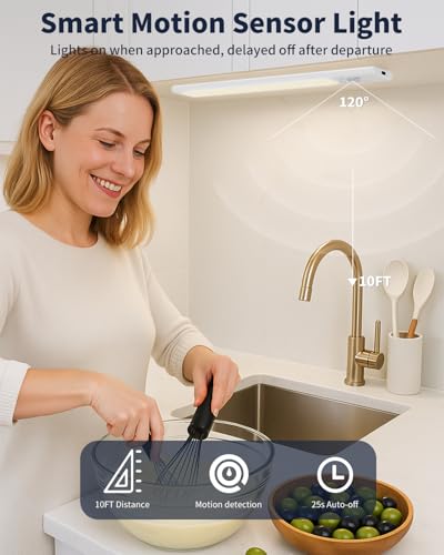 Image of Under Cabinet Lighting, 12 Inch Motion Sensor Light Indoor, 1800mAh USB Rechargeable Closet Light, 3 Color Temperature Operable LED Lights, Can Be Used for Wardrobes, Cabinets, Stairs (3 Pack)