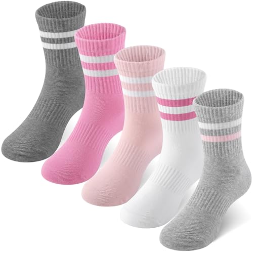 HONGTEYA Kids Socks for Girls Boys Soft Stretch Cotton Crew Seamless Athletic Socks School Uniform 4-12 Years 5 Packs