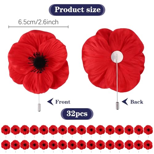Image of 32 Pcs Memorial Day Red Black Poppy Artificial Flower Brooch Pin Bulk Lest We Forget Fake Flower Head Gifts for Women Men Hero Veteran Remembrance Day