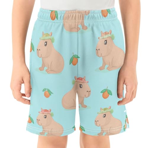 Cute Capybaras Athletic Shorts with Zipper Pockets, Youth Boys Athletic Running Shorts for Summer2