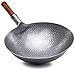 GAOZH Wok Pre-stagionato in Acciaio al Carbonio, Wok in Ferro forgiato a Mano, Pow Wok Tradizionale Cinese in Acciaio al Carbonio martellato a Mano Professionale con Manico in Legno di Olmo premiu