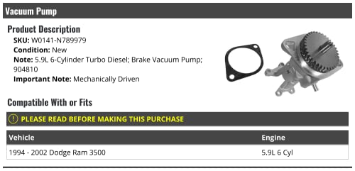 Bomba de vacío para frenos - Accionada mecánicamente - Compatible con Dodge Ram 3500 5.9L 6 cilindros turbo diésel (1994-2002) miniatura 2