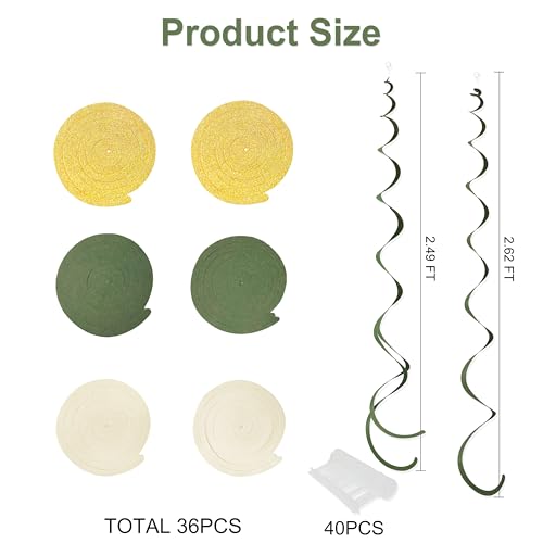 Image of 36Pcs Sage Green Gold Hanging Swirl Decorations Glitter Gold Olive Green Beige Felt Swirl Streamer Spiral Ceiling Garland for Wild One Jungle Woodland Safari Neutral Birthday Wedding Party Supplies