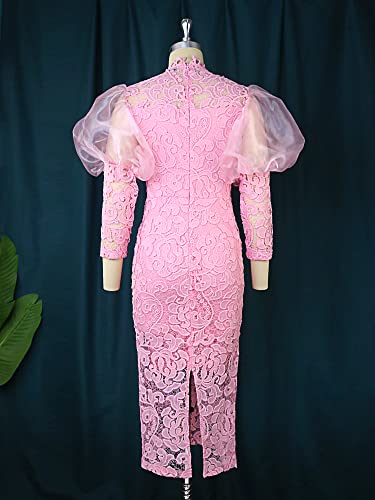 Image of ONTINVA Women's Floral Lace Long Sleeve Patchwork Mesh Slim Pencil Midi Dress
