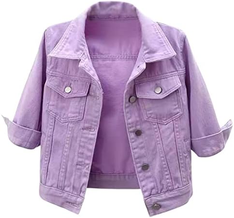 loveimgs Women Casual 3/4 Sleeve Button Down Cropped Denim Jean Jacket Motorcycle Short Jacket (Large, Purple)