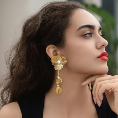 14K Gold Plated Statement Flower Earrings for Women Boho Statement Floral Prom Formal Earrings Lightweight Chunky Pearl Floral Petal Dangly Earring Christmas Stocking Stuffers Jewelry Gifts2