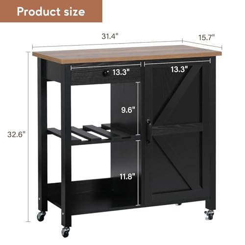 4 EVER WINNER Kitchen Island Cart with Storage, Coffee Cart with Adjustable Shelf & Wine Rack, Rolling Kitchen Island on Lockable Wheels, Black