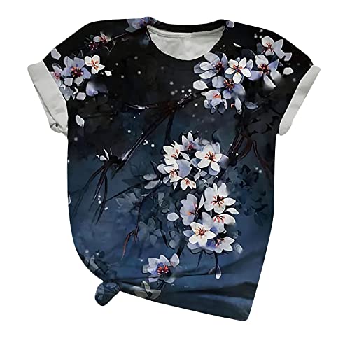 Hatoys Womens Tops Graphic Tee Round Neck Short Sleeve Pullover Tops Plum Printed Longline Rolled Up Sleeve Tunic Tops