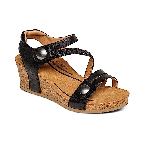Aetrex Avril Orthopedic Platform Quarter Strap Low Heel Wedge Sandals for Women- Leather Memory Foam Footbed Arch Support Espadrilles Wedges for Women