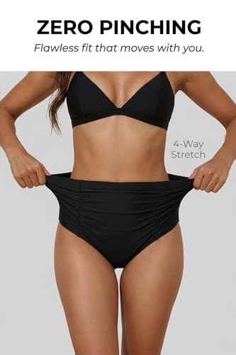Holipick Black Bathing Suit Bottoms for Women - High Waisted Bikini Bottoms Ruched Tummy Control Swimsuit Bottom L