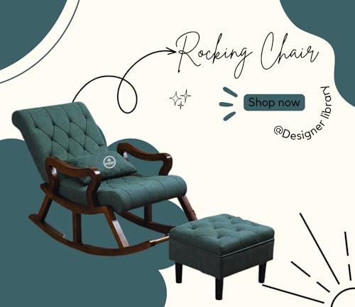 Image of Solid Sheesham Wood Rocking Chair for Living Room with Footrest and Pillow | Ergonomic Resting Chair with Ottoman for Relaxing and Pregnant Women (Green)