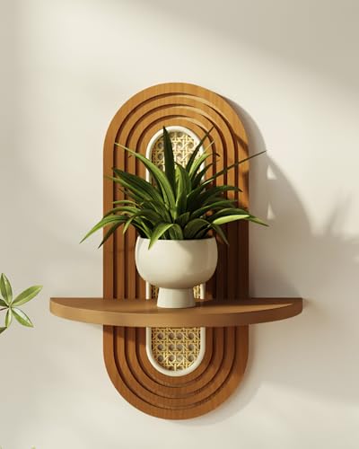 Bamworld Boho Wall Decor Brown Plant Wall Shelf, Mid Century Modern Decor Hanging Plant Shelf, 1-Tier Bamboo Floating Shelves for Home, Bathroom Bedroom Living Room, Office Holding Planter Decoration