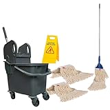 Bayersan Floor Cleaning Mopping Set 25l Bucket | Complete Mop | Mop Heads | Wet Floor Sign | Commercial | Professional Cleaner Tools (Grey)