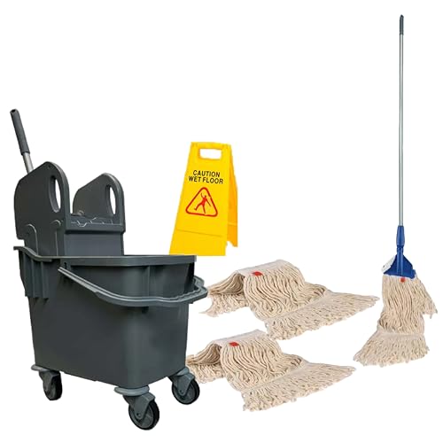 Complete 25l Mop and Bucket Set With Warning Sign by Bayersan- Full Floor Cleaning Bucket & Cleaning Bundle Kit For Household & Commercial Use - 3 X Squeeze Mop Heads (Grey)