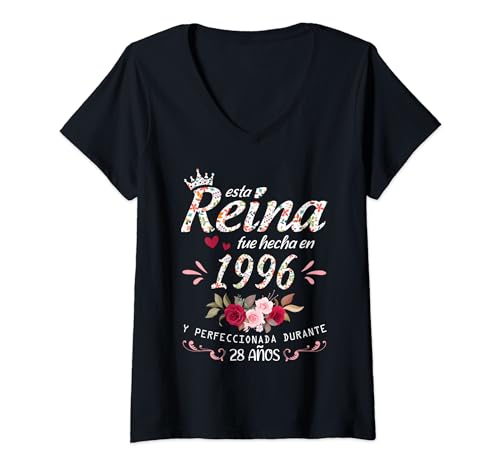 Mujer 28 Años Cumpleaños Mujer Regalo Esta Reina Fue Hecha En 1996 Camiseta Cuello V