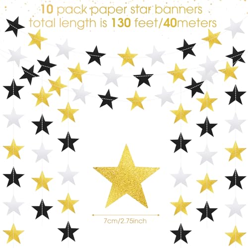 Image of Patelai Glitter Star Garland Banner 2026 Party Decor 130 Feet Star Hanging Streamers Twinkle Backdrop for Classroom Birthday Graduation Wedding Supplies(Silver Gold Black)