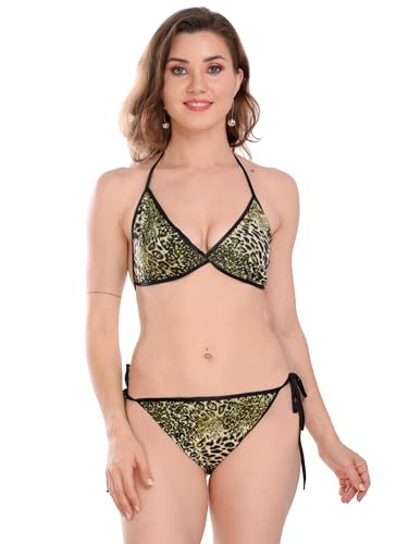Image of Satin Animal Print Embellished Bikini Bra & Panty Lingerie Set for Women & Girls, Fits Well for Plus Size.