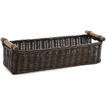 The Basket Lady Long Narrow Pole Handle Wicker Basket, Small, 17 in L x 5 in W x 5.25 in H, Antique Walnut Brown