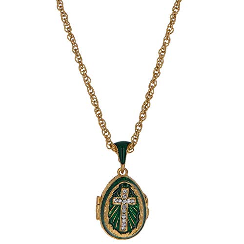 BestPysanky Green Enamel Crystal Cross Royal Egg Pendant Necklace 20 Inches