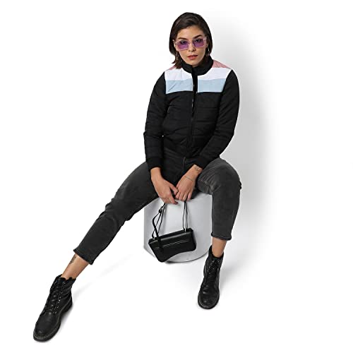 Image of Campus Sutra Women Black Colour-Blocked Puffer Regular Fit Bomber Jacket For Winter Wear | Standing Collar | Full Sleeve | Zipper | Casual Jacket For Woman & Girl | Western Stylish Jacket For Women