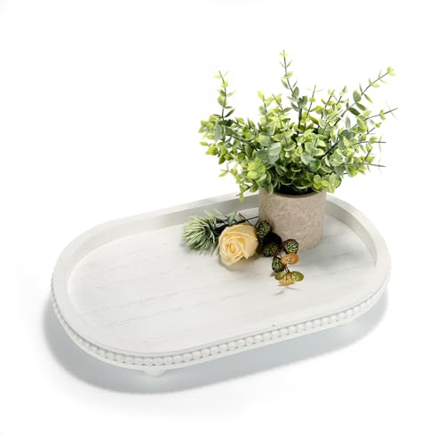 SYNCVIBE Wooden Decorative Tray for Home Decor, Beaded White Oval