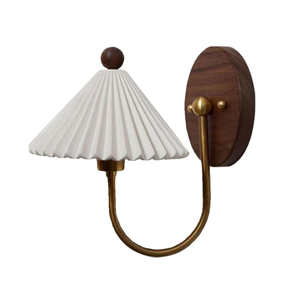 FEITENGDA Modern Nordic White Ceramic Wall Sconce Minimalist Pleated Cone Shade Wall Lamp Solid Walnut Wood Base Wall Mount Light for Bedroom Study Hallway Living Room