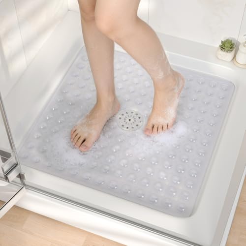 HITSLAM 21x21 Inch Square Shower Mat Non Slip Anti Slip Bathtub Mat with Strong Suction Cups & Drainage Holes Machine Washable Bathroom Floor Mat for Inside Shower Stall and Tub Clear