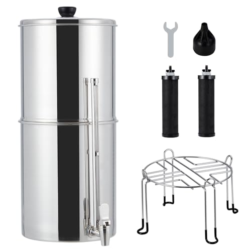 Gravity-fed Water Filter System, 2.25G Stainless-Steel Countertop Water Filter System with 2 Black Carbon Filters, Metal Water Level Spigot and Stand, for Home, Camping, RV, Emergencies