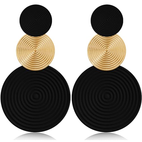 Handmade Long Round Alloy Dangle Drop Earrings - Statement 60s 70s 80s Vintage Gold Disk Round Disc Earrings - Boho Lightweight Summer Beach Jewelry Earring for Women