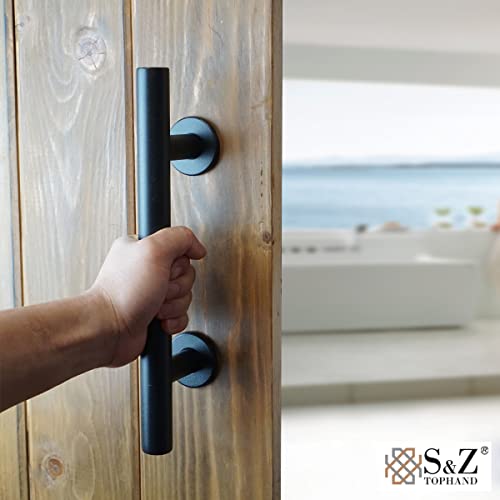 Image of S&Z TOPHAND 12 Inch Sliding Barn Door Handles Black Hardware, Set Black Powder Coated Finish Round Shape - Fit 1 3 /8-1 3 /4 inch Thickness Door Panel, Heavy Duty Solid Steel Gate (2, Black)