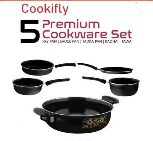 Image of 5 Piece Cast Iron Induction Non Stick Cookware Set Kadai Fry Pan Tawa Saucepan Tadka Pan Kitchen Durable Set Black Free Size