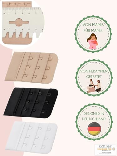 Herzmutter BH-Verlängerung - OekoTex 100 - BH-Extension im Set - Beige-Schwarz-Weiß - 2er/3er-Haken - BH-Verlängerer - Gewichtszunahme-Schwangerschaft-Stillzeit - 9000 (3er Haken|3er-Pack)