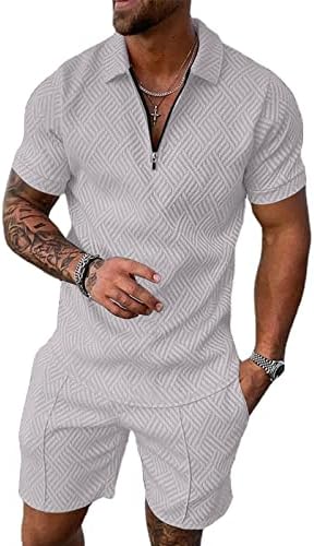 Aulemen Mens 2 Piece Zip Tracksuit Short Sleeve Print Polo Shirt and Shorts Sets Summer Outfits for Men Gray XL