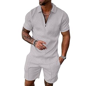 Hoefirm Men’s Tracksuit Polo Short Sleeve Suit Set Zip Joggers Gym Top Casual Running Sport Sweat Activewear 2 Piece Suit Pants