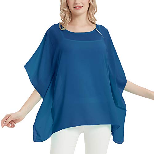Women's Bohemian Solid Semi Sheer Chiffon Blouse Batwing Shirt Tops Caftan Poncho Tunic Teal
