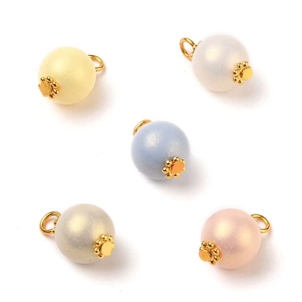 LiQunSweet 100 Pcs Random Colored Alloy Acrylic Ball Beads Mini Charms Spray Painted Rubberized Frosted Faux Pearl Golden Plated Findings Tiny Pendants Bulk for Jewelry Making - 16x9.7mm