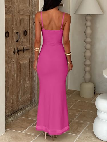 Prinbara Womens Mesh Bodycon Formal Maxi Dresses Summer Spaghetti Strap Ruffle Cocktail Wedding Guest Party Prom Long Dress Hot Pink Small — view 5