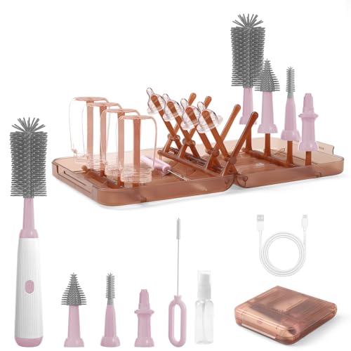 Image of Electric Baby Bottle Brush Kit - 9 in 1 Cleaner With Nipple Straw Crevice Brushes, Drying Rack, Extender, Soap Dispenser, Storage Box - Rechargeable Set for Travel & Home (Pink)