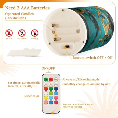 Image of Flickering Flameless Candles, Turquoise Golden Marble LED Candles with Remote Timer, Set of 2 Battery Operated Candle for Valentine Wedding Birthday