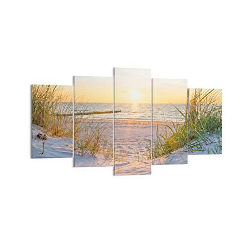 Deco Cadre Décoration Salon dune plage mer Moderne Impression sur Toile 160x85cm Image Tableau Decoration Murale Chambre Triptyque 5 parties Art Wall Grand...