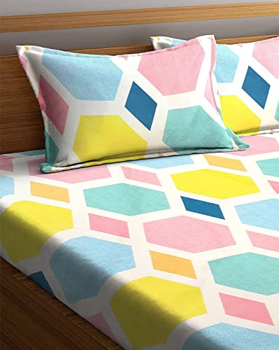Image of Cotton Feel Glace Cotton Elastic Fitted Printed Queen Size Double Bed Bedsheet with 2 Pillow Cover (72 inchx72 inch, Thirbhuj)