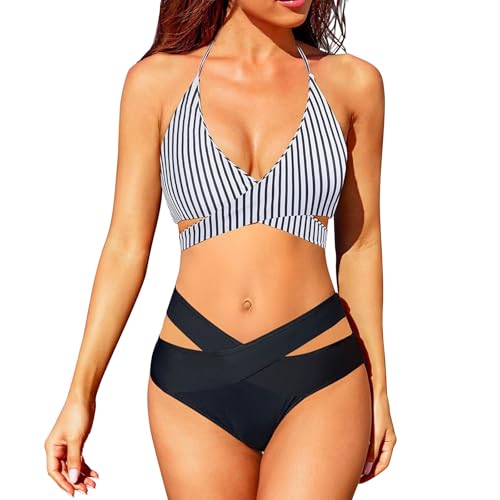 Bikini Mujer Relleno Traje de Baño Mujer 2 Piezas Conjuntos de Bikini Piezas para Traje Baño Cintura Alta Cruzado Sujetador Pecho Grande (White M)