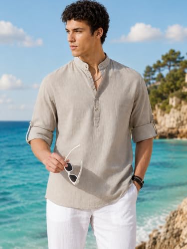 Image of Majestic Man Men's Pure Cotton Solid Mandarin Collar Slim Fit Roll-Up Sleeves Short Kurta Lightweight Summer Kurta for Daily & Occasion Use