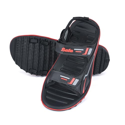 Image of Bata Men's Sports Sandals, Dual Velcro Strap, Textured Sole (BLACK /RED, UK Footwear Size System, Adult, Men, Numeric, Medium, 9)