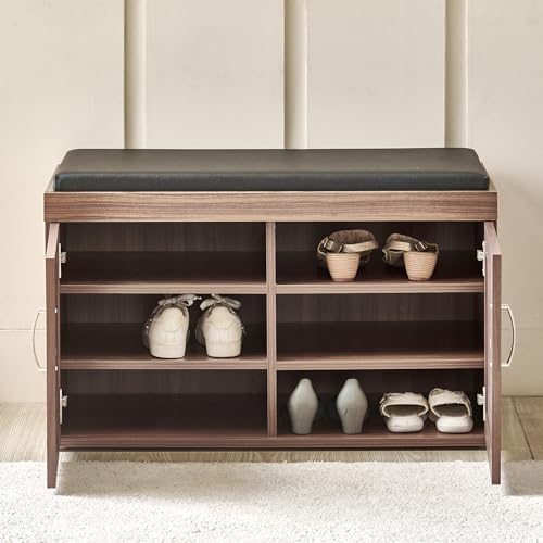 Image of Home Centre | Helios Alton Shoe Cabinet | 12 Pairs, Cushioned Seat | Engineered Wood | Walnut | 1 Year Warranty