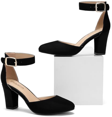 Image of 3 Inch Wide Width Chunky Heels for Women Closed Toe Heels Dress Shoes for Womens Round Pumps Ankle Strap Block Heel Bridesmaid Wedding Prom Party Comfortable (Run Large, Size Half Down)