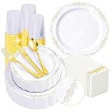 Fijinhom 350 PCS White and Gold Disposable Plates, Elegant Dinnerware Set for 50 Guests, 100 Plastic Plates, 150 Silverware, 50 Cups & 50 Paper Napkins, White and Gold