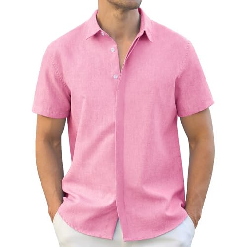 Rioofinx Men's Button-Down Shirts Wrinkle Free Short Sleeve Shirt Textured Linen-Look Casual Top for Summer, Beach Vacation Linen-Pink XXL