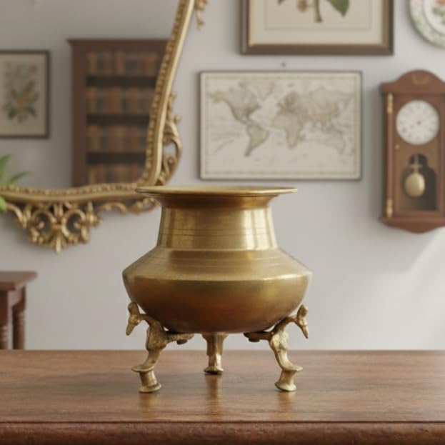 Pure Brass Vintage Lota on Legs – Antique Brass Kalash Water Pot Unique Shape | Traditional Pooja Lota Temple Vessel Religious Brass Utensil Home (12.7cm x 10.16cm, 350g)-image-44