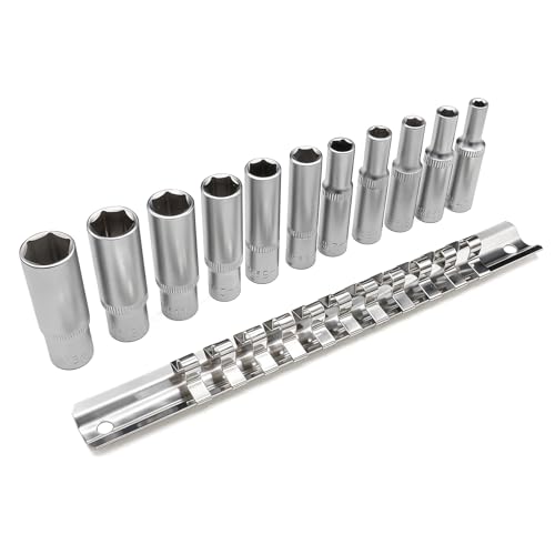 DAKCOS Lot de 11 douilles longues en 1/4 (6,35 mm) 4-13mm douille hexagonales 6 pans sur rail de métal, en CR-V, 50 mm de long